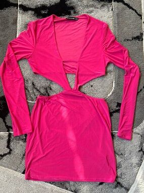 PrettyLittleThing Hot Pink Long Sleeve Cutout Crop Top Dress